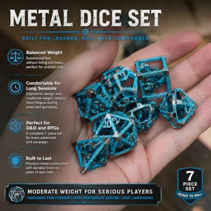 Hollow Cthulhu Metal Dice Set,7-Piece RPG Dice,Sliver Blue | Lightweight Copper Dice,Easy-To-Read Numbers,a Gift Box and Velvet Bag for RPG Play,Gifting and Collecting. - color: Cthulhu Blue