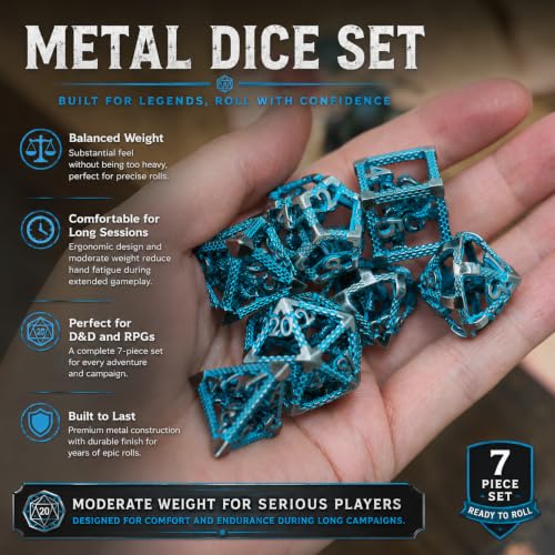 Hollow Cthulhu Metal Dice Set,7-Piece RPG Dice,Sliver Blue | Lightweight Copper Dice,Easy-To-Read Numbers,a Gift Box and Velvet Bag for RPG Play,Gifting and Collecting. - color: Cthulhu Blue