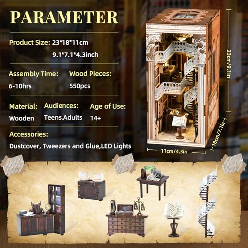 MiniCity Book Nook Kit, DIY Dollhouse Booknook, Book Nook Miniature Kit for Bookshelf Insert Decor Crafts for Adults Teen Halloween, 3D Wooden Puzzle with Led Light (Law Library) | 550-piece wood/paper/plastic kit with LED and dust cover; glue/tools inclu