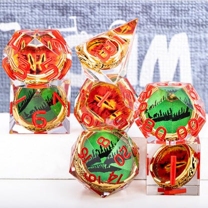 Magic Golden Ring DND Dice Set Sharp Edge Red Gaze Eye Resin Dice with Box, for use with RPG D&D Tabletop Games Lord D and D Polyhedral Dice Set - color: Ring -Eye-red Numbers