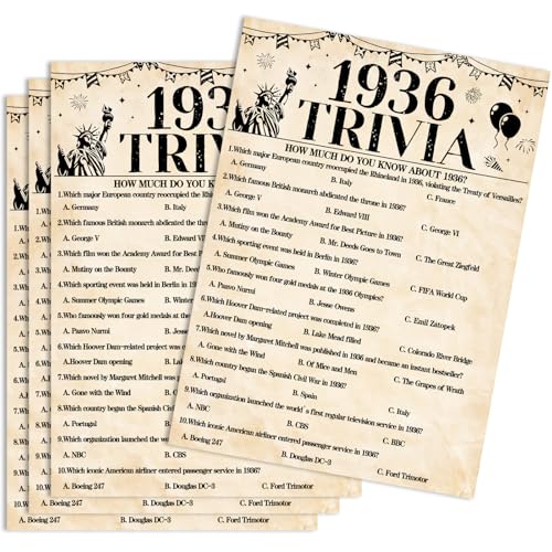 30Pcs 90th Birthday Party Games 1936 Trivia Game Fun Back in 1936 Games Double-Sided Game Cards Vintage 90th Birthday Party Supplies for 90 Year Old Woman Man Anniversary Class Reunion Gifts - size: 90-1936, style: Trivia