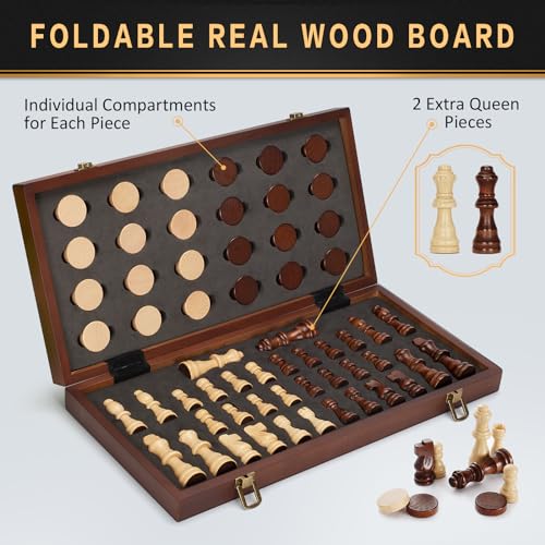2 in 1 Magnetic Wooden Chess and Checkers Board Game Set, 15" Folding Chess Boards with 2 Extra Queens, Portable Travel Chess Sets with Pieces Storage Slots, Beginner Chess Game Set for Kids, Adults - style: 2 in 1 Magnetic Chess Set