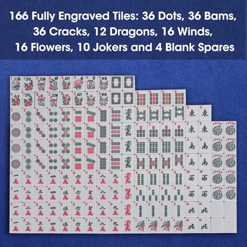 Suncle American Mahjong Tile Set,166 White Tiles Mahjong Set,4 Colors Mahjong Racks,Travel Mahjong Set with Blue Carrying Bag - color: Blue