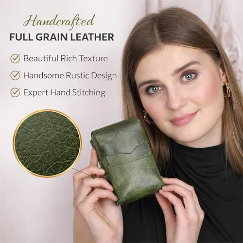 Leather Playing Card Case – Full Grain Leather Deck Holder for Poker Cards, Travel Card Deck Box Organizer with Strap Closure for Poker, Bridge, Magicians & Game Night - color: Green