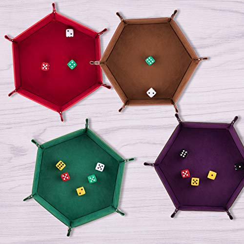 SIQUK 4 Pieces Dice Tray Hexagon Dice Rolling Tray Folding PU Leather Velvet Dice Tray for Dungeons and Dragons RPG DND Dice Game, 4 Colours - color: Violet, Coffee, Green and Red