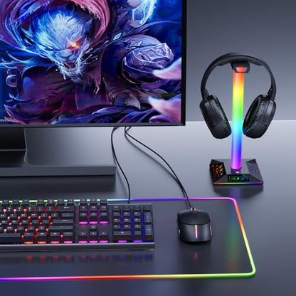 Gaming Headset Stand, RGB Headphone Holder with 2 USB Ports for Desk | RGB lighting effects, 2 USB charging ports, sturdy non-slip base. Perfect for gaming desk, office, gift for gamers.