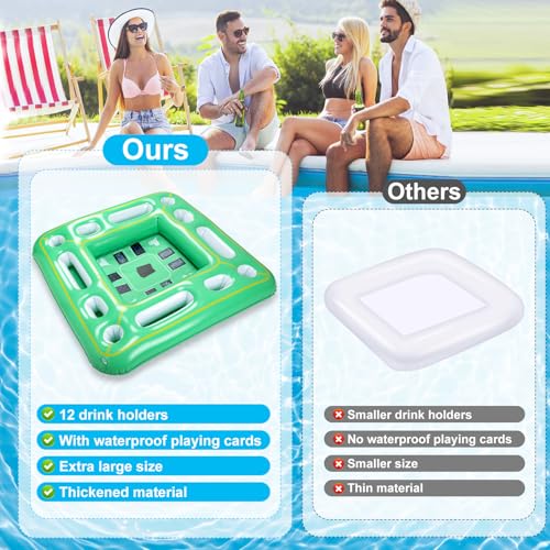 Kaiedos Floating Game Table for Pool - Inflatable Floating Table with Waterproof Playing Cards, 40"x40" Large Pool Float Drinks for Adults, Includes 12 Drink Holders (Green)