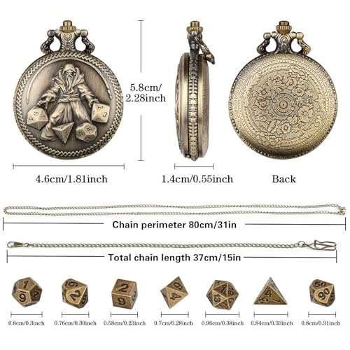 Mini DND Dice Set, Hand Held Dice Wizard Pocket Watch Shell Case, 7 Piece Polyhedral Metal D&D Dice Set, DND Gifts with Gift Box, Role Playing Board Game Accessories, Bronze - color: Bronze