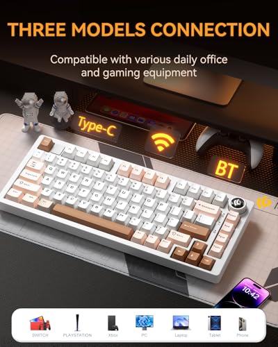 LEOBOG x AULA HI75C Pro PC Gaming Aluminum Alloy Keyboard,Bluetooth/USB-C/Wireless Tri-Modes Mechanical Keyboards,Hot Swappable Brown Creamy Keyboard with Turquoise Switch for Windows/Mac/Tablet Gamer | Tri-Modes Bluetooth/2.4GHz/Type-C,RGB Backlit,Progra