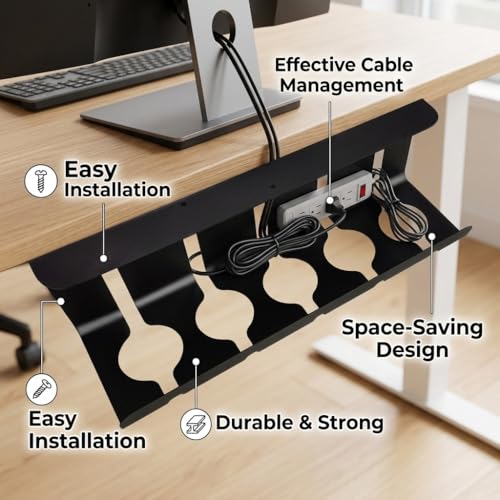 Metal Cable Management Under Desk for Easy mounting Under-Table, Set of 2 - with 10X Cable Ties, Desk Organizer for Office/Home Office Table Thoughtful Cable Tray Holder