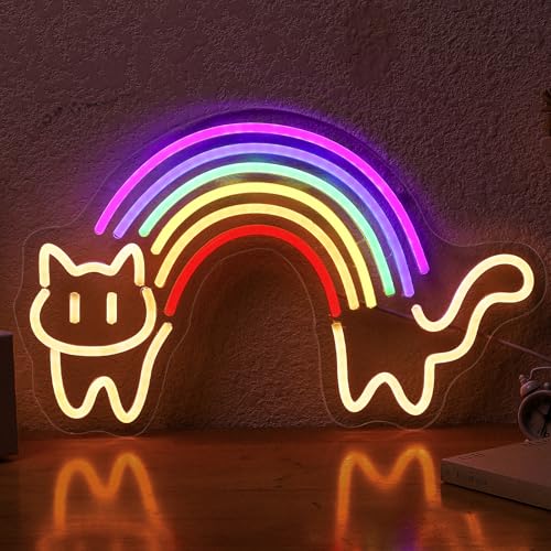 Rainbow Cat Neon Sign Cute Cat Neon Signs for Wall Decor Rainbow Neon Light Sign Dimmable USB Powered LED Neon Light for Bedroom Kid Room Pet Shop Game Room Cat Lovers Pride Gifts - color: Warm white cat