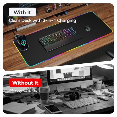 Wireless Charging RGB Mouse Pad 3-in-1, 800×300mm Extended Desk Mat, Fast Charging for Phone, Earbuds and Watch, Large Gaming Mouse Pad with LED Lighting