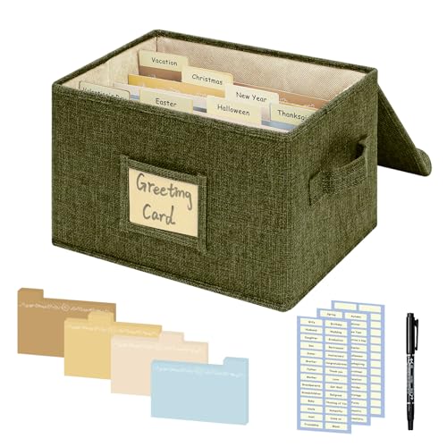 Greeting Card Organizer, Card Organizer Box with 20 Dividers, 84 Label Stickers, and 1 Marker, Stylish Greeting Card Storage Box for Easily Collecting Greeting Cards. 1 Pack, Olive Greeen - color: Olive Green, size: 1 Pack