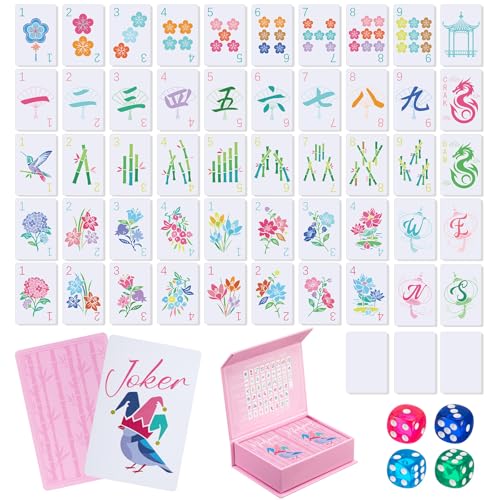 Soulchen 168 Pcs Premium PVC American Mahjong Playing Cards, Large Print Waterproof Card Set with Dice, Storage Box, Floral Design, Easy to Read Travel Mahjong Cards for Adults, Seniors, Gift Giving - color: Pink, style: Floral