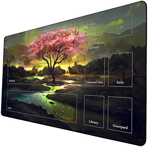 MTG Playmat, Game Play Mat for MTG TCG 24 x 14 inches Trading Card Inked Game Playmats with Storage Bag Smooth Rubber Surface Battle - color: Cherry Blossom Tree With Zones