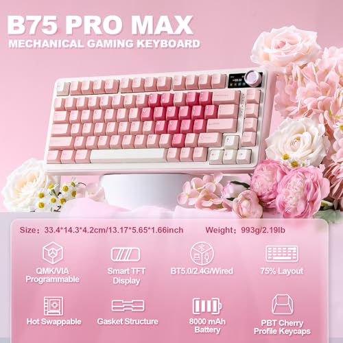 YUNZII B75 PRO MAX QMK/VIA Wireless Mechanical Keyboard | 75% Layout with Screen and Knob, Custom Hot Swap, Gasket, Creamy Switches, for Win/Mac (Pink Heart,Candy Switch) - color: Pink Heart, size: Candy Switch