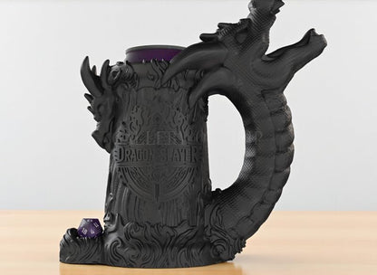 Dragon Slayer Dice Tower & Drink Holder – DND Accessory, Dice Roller Mug, Fantasy Decor for Dungeons and Dragons, Pathfinder, Warhammer, TTRPG Gift for RPG Gamers (Obsidian Black, Standard 12oz Cans)