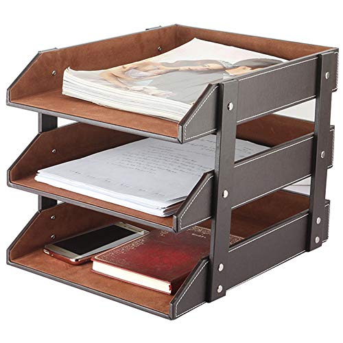 Very Sturdy 3 Tier Leather Desk File Rack for Office Supplies/Stationery/Folder,Stackable Letter Tray Organizer,Document Filing Organizer Holder for Desktop Storage (Brown)… - color: Brown