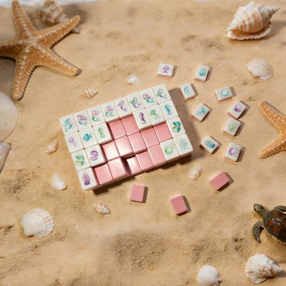 G.R.I Mermaid Themed Mahjong Block Set, 128 Pieces Seaside Escape Tile Game for 4 Players with Storage Bag and Crystal Dice, Portable Birthday Party Game