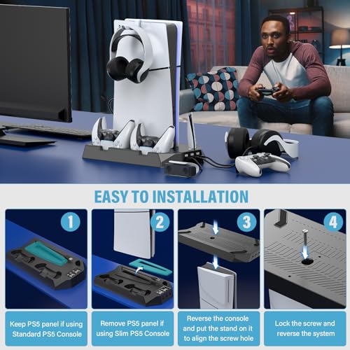 PS5 Slim Stand and Cooling Station with Controller Charging Station for Playsation 5 Slim&Standard Disc/Digital Console, PS5 Accessories Incl. Charger/Turbo Fan/3 USB Hub/Headset Holder - Black - color: WORK WITH PS5 Slim + PS5