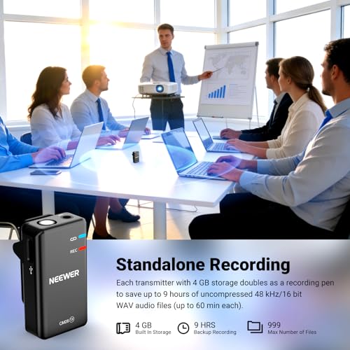 NEEWER CM28 Wireless Lavalier Microphone, Smart Noise Cancelling Lav Mic, 48KHz/16Bit 9hrs Uncompressed Recording, 200m Range, 4GB Storage for iPhone, Android, Camera, 1 RX + 2 TX + Charging Case - style: CM28 Set