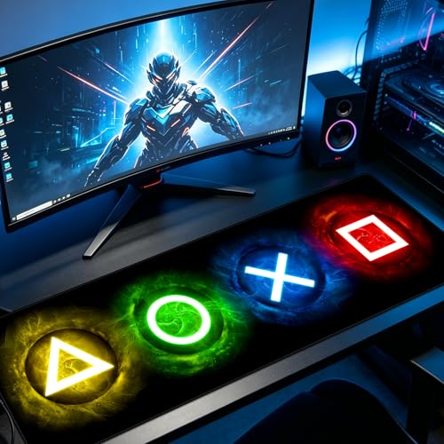 Gamepad Button Big Mouse Pad Large, Gaming Controller‌ Mouse Pad Desk Pad, Long Computer Keyboard Mouse Mat Mousepad with Non-Slip Base and Stitched Edge for Gaming and Office (×○△□, 35.4" x 11.8") - color: ×○△□, size: 35.4L x 11.8W inches