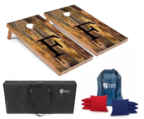 Tailgating Pros Monogrammed Honey Cornhole Boards w/Ring Lights - 4'x2' Lightweight Cornhole Game- Includes LED Rings, Carrying Case, Set of 8 Corn Hole Bags & Tote - color: F