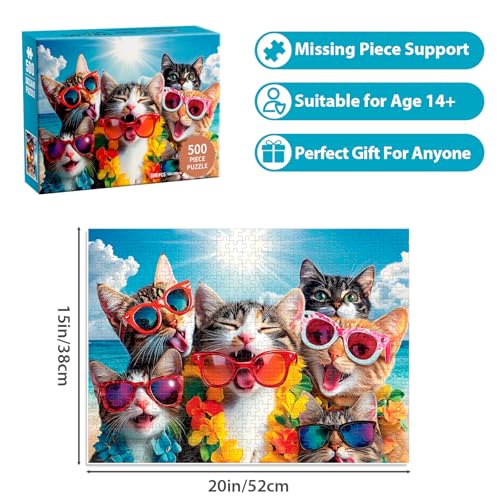 500 Pieces Puzzle for Adults, Summer Cat Beach Jigsaw Puzzle for Adults Teens, Recycled Cardboard Puzzles 500 Pieces for Seniors, Challenging Puzzles Game Gift for Family Fun, 20.5 x 15 in - style: Cat Beach