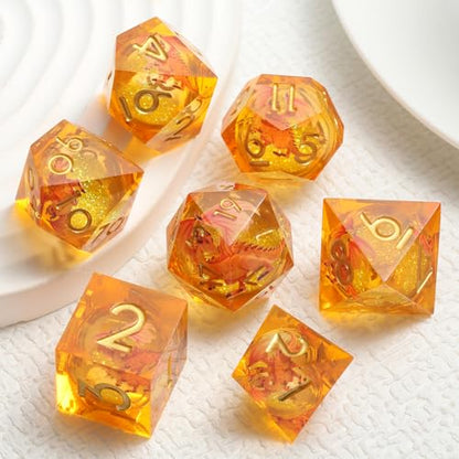DNDND Red Dragon Dice with Gold Numbers | Liquid Core 7-Piece Sharp Edge Resin DND Dice Set | Dragon Themed Collectible Metal Case | RPG Tabletop Gaming Gift - color: Liquid Dragon Gold