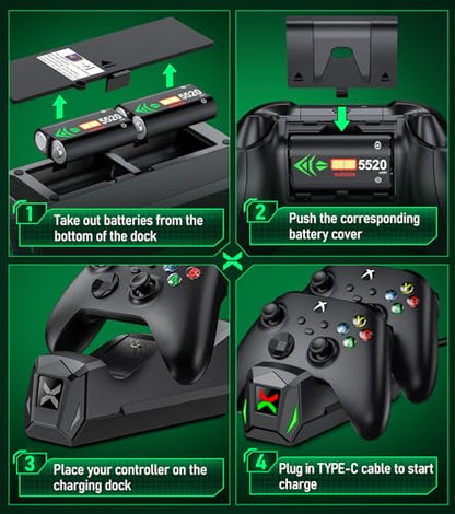 NinABXY Upgraded Batteries Charger Set with Charger Dock Compatible with Xbox Controllers, 4x5520mWh Batteries Packs with 4 Covers for Xbox One/Series X|S, One S/X/Elite