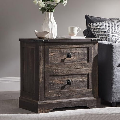 T4TREAM 24" Farmhouse Nightstand with Charging Station, Dark Rustic Oak | End Table, 2 Large Storage Drawers, Rustic Wood Sofa Bedside Table, Bedroom, Living Room - color: Dark Rustic Oak, size: 24"W*15.75"D*24"H