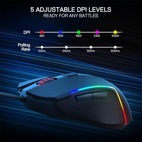 Redragon M616 Wired RGB Optical Gaming Mouse 10000 DPI Remapping Keys | Redefine Keybinding Macro, Vibing Backlight, Ergonomic Grip Body Comfort, Stable Lag-Free Connection Ready for FPS Battles