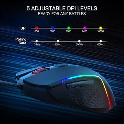 Redragon M616 Wired RGB Optical Gaming Mouse 10000 DPI Remapping Keys | Redefine Keybinding Macro, Vibing Backlight, Ergonomic Grip Body Comfort, Stable Lag-Free Connection Ready for FPS Battles