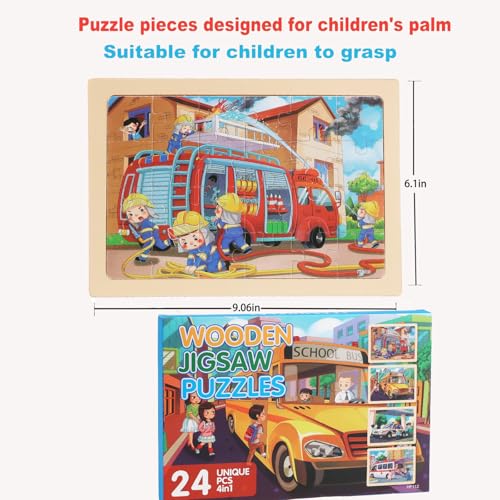 Puzzles for Kids Ages 4-6, 4 Packs 24 Piece Wooden Jigsaw Puzzle for Toddlers 5-8, Preschool Educational Puzzle Boards Toys Gifts for 4 5 6 7 8 Girls Boys - color: School Bus