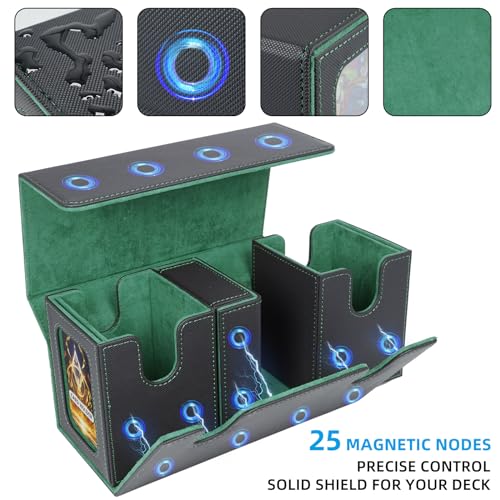 AFIING MTG Commander Card Storage Box - Fits 200 Double Sleeved Cards,3-in-1Card Deck Case,Strong Magnet Card Organizer For Magic Commander TCG CCG,4Dividers &2 Toploaders, Black/Green - color: Black Green