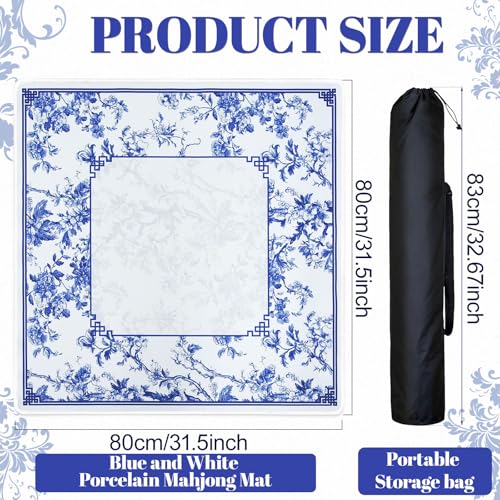Blue Mahjong Mat with Rules, Mahjong Table Mat for Mahjong, 31.5x31.5 Inch | Mah Jong Mat with Non-Slip Base, Noise-Reducing, Mahjong Mat for Table Ideal for Mahjong, Poker, Dominoes - style: Blue & white porcelain