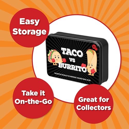 Taco vs Burrito Collectors Tin - The Wildly Popular Surprisingly Strategic Card Game Created by a 7 Year Old - 5 Ways to Play - Fun Family Games for Kids and Adults, Game Night, Travel Games - style: TvB Tin