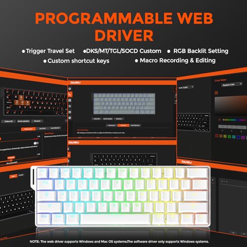 DAREU EK60 HE Rapid Trigger Gaming Keyboard Wired, 0.01mm RT Accuracy Adjustable, Hall Effect Magnetic Switch Hot Swappable, SOCD, 8000Hz Polling, RGB Backlit, 60% Compact Design for Laptop/PC - color: White