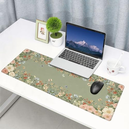 Large Gaming Mouse Pad Desk Mat, Green Girly Floral Extended Keyboard Mouse Pad Mousepad with Non-Slip Base and Stitched Edge Mouse Mat Desk Pad Mouse Pads for Desk Home Office, 31.5 x 11.8 - color: Girly Floral Green