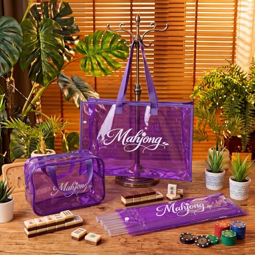 3 Pcs Clear Mahjong Bag Set, Waterproof PVC Tote Bags with Zipper Closure Large Medium Carry Bag with Storage Pouch Transparent Organizer for Mahjong Tiles, Travel,Game(Purple) - color: Purple