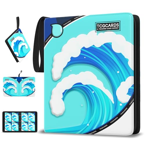 Trading Card Binder 4 Pocket,400 Pocket Card Collection Binder with 50 Removable Sleeves,PU Waterproof Top Card Book,3-Ring Zipper Collectible Trading Card Album for MTG/TCG/Card Holder Gift（Water） - color: Water, size: Small