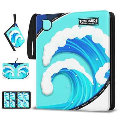 Trading Card Binder 4 Pocket,400 Pocket Card Collection Binder with 50 Removable Sleeves,PU Waterproof Top Card Book,3-Ring Zipper Collectible Trading Card Album for MTG/TCG/Card Holder Gift（Water） - color: Water, size: Small