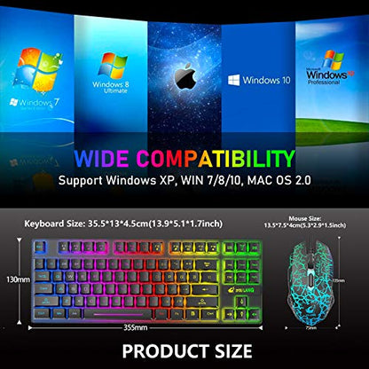Wireless Membrane Gaming Keyboard and Mouse Set with 87Key Tenkeyless-Black | Rainbow LED Backlight,Rechargeable 3800mAh Battery,Anti-ghosting,Ergonomic,Waterproof,RGB Mute Mice for Computer PC Mac Gamer - color: Black