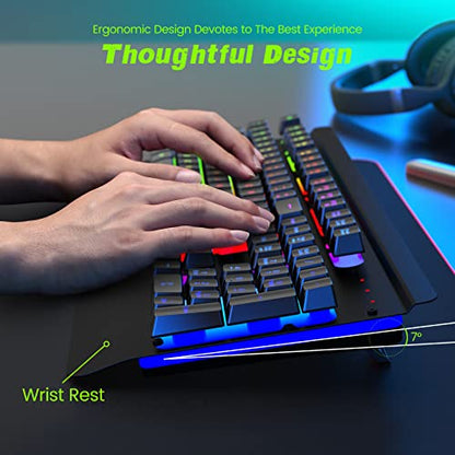Gaming Keyboard Wireless, Light Up LED Backlit, Rechargeable Keyboard 50 Hours Battery Life & Sleep Mode & Indicators, Quiet, Ergonomic Metal Wrist Rest for PC Computer Gamer - 2.4G USB, Black