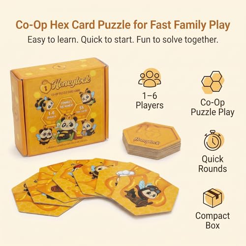 Honeylock Co-Op Strategy Board Game – Solo Friendly Hex Card Puzzle Game for 1–6 Players, Quick 10–15 Min Family Board Game for Teens & Adults, Tile-Matching Hive Puzzle, 55 Cards