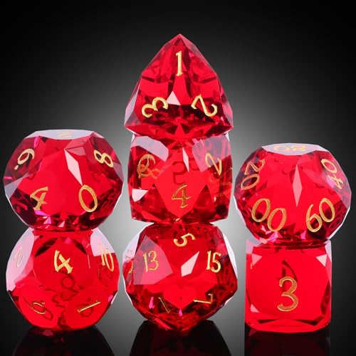 DNDND 7-Piece Glass D&D Dice Set - Multifaceted Red Dice Set for Dungeons and Dragons, Tabletop Gaming, Collectors | Premium Gift Box & Durable Design (Red) - color: Red