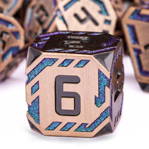 Metal DND Sci-fi Dice Set 7PCS Stripe Polyhedral Dice for Dungeons Dragons RPG Role Playing Game, Glitter D and D Dice with Gift Box D6 D8 D10 D12 D20 (Ancient Bronze&Green Purple) - color: Ancient Copper - Green Purple