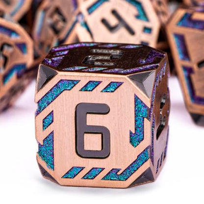 Metal DND Sci-fi Dice Set 7PCS Stripe Polyhedral Dice for Dungeons Dragons RPG Role Playing Game, Glitter D and D Dice with Gift Box D6 D8 D10 D12 D20 (Ancient Bronze&Green Purple) - color: Ancient Copper - Green Purple