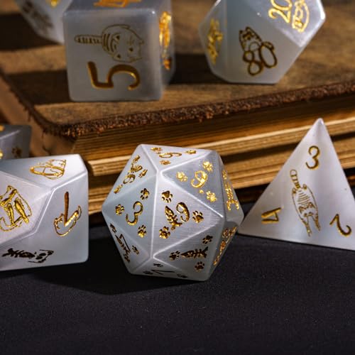 UDIXI Gemstone Dice Set White Cat's Eye Stone DND Dice for Tabletop Games | Natural Stone, Premium Gift Box, DM Gift, for Dungeons and Dragons Role Playing Games - color: White Cat's Eye（cat）