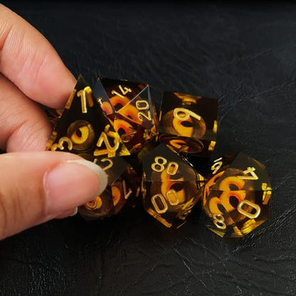 BESCON Dragon's Eye Sharp Edged Polyhedral Dice Set of 7, Handmade Dragon's Eye Dice for Role Playing Game - color: Amber Eye Set
